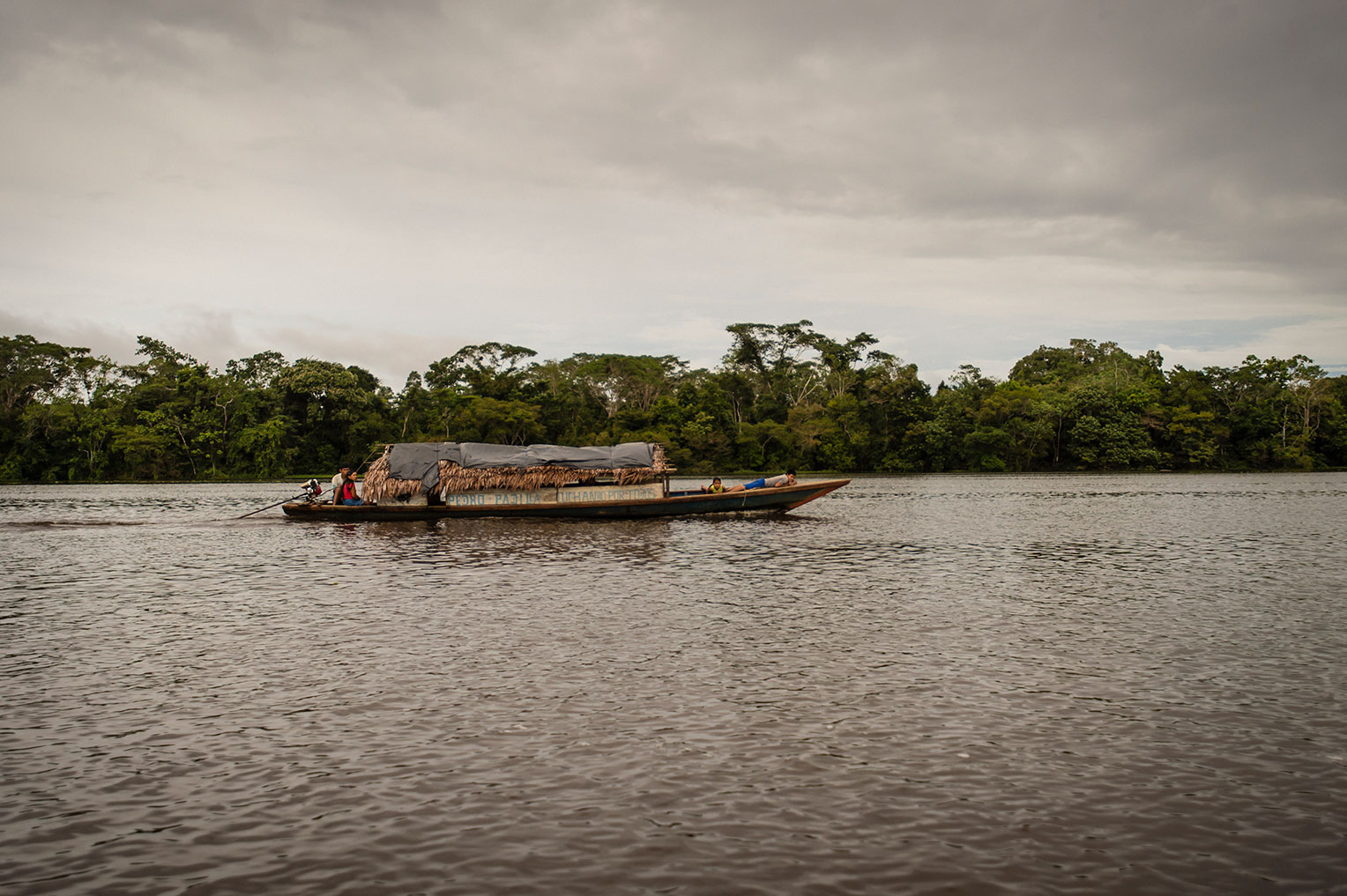 A boat travels up the Amazon river.